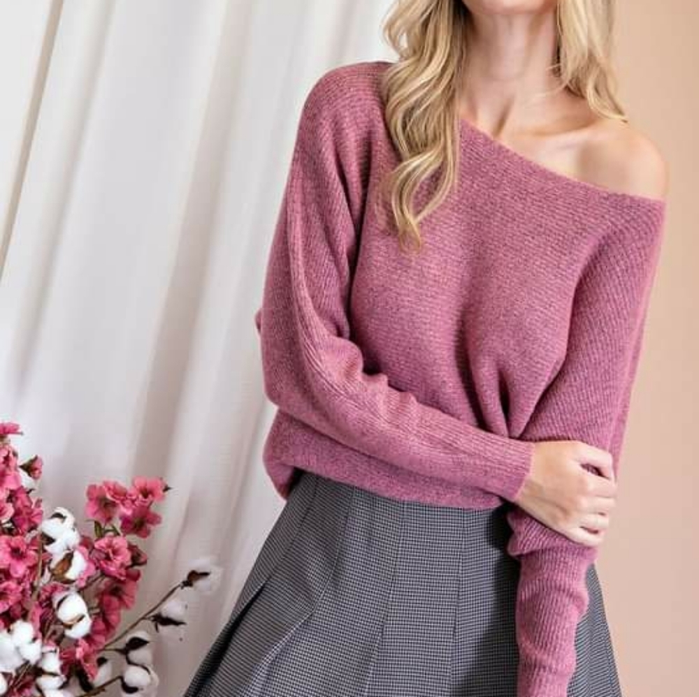 Cozy Off Shoulder Knit Sweater - Pink (Mauve), S/M, M/L